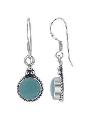 10mm Round Simulated Turquoise Bali  925 Sterling Silver French wire Hook Drop Earrings